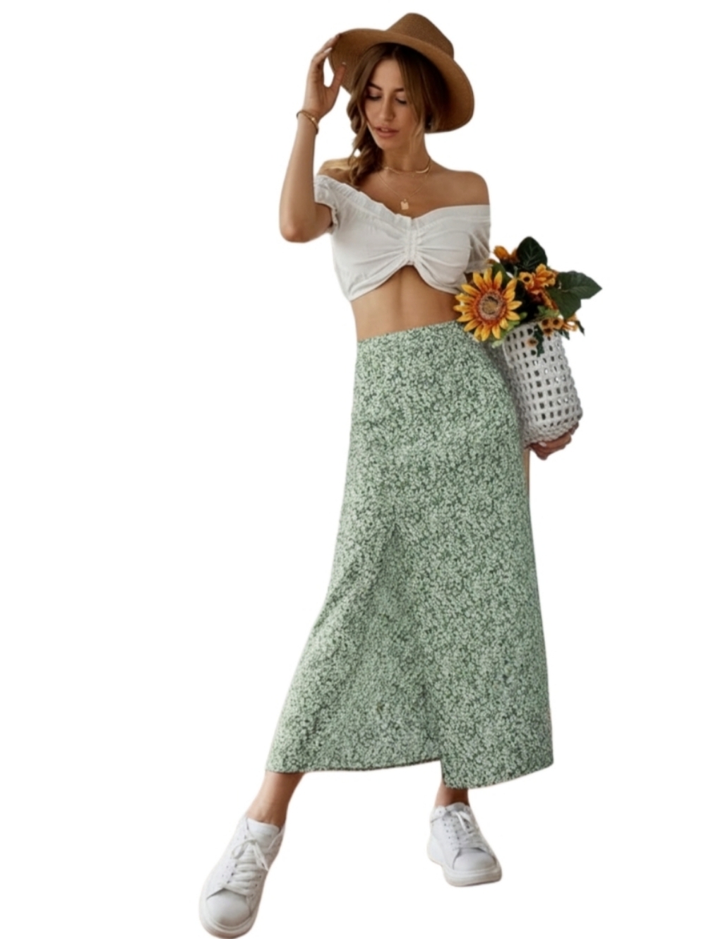 Floral Fit & Flare Green & White Midi Vcay Large